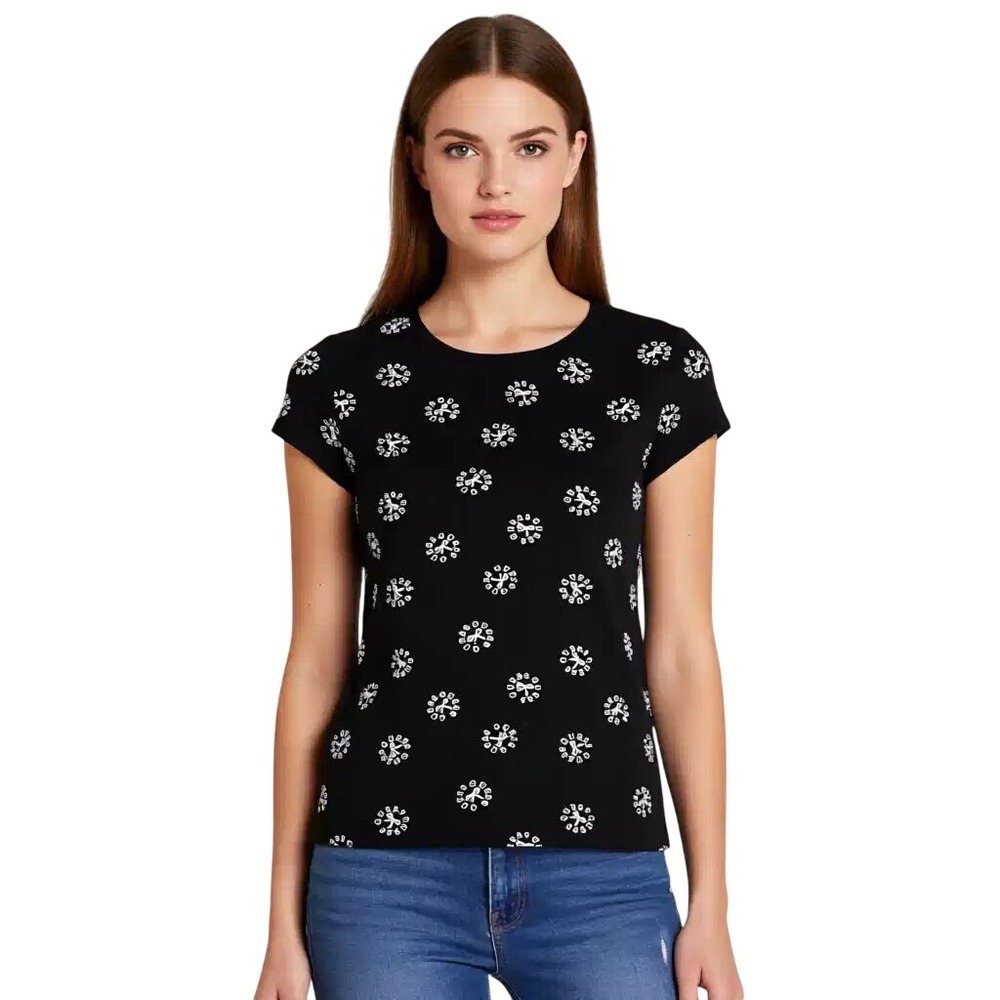 Guess Womens Black Logo Bow Print‎ Ribbed Crew Neck T-Shirt Size Md NWT